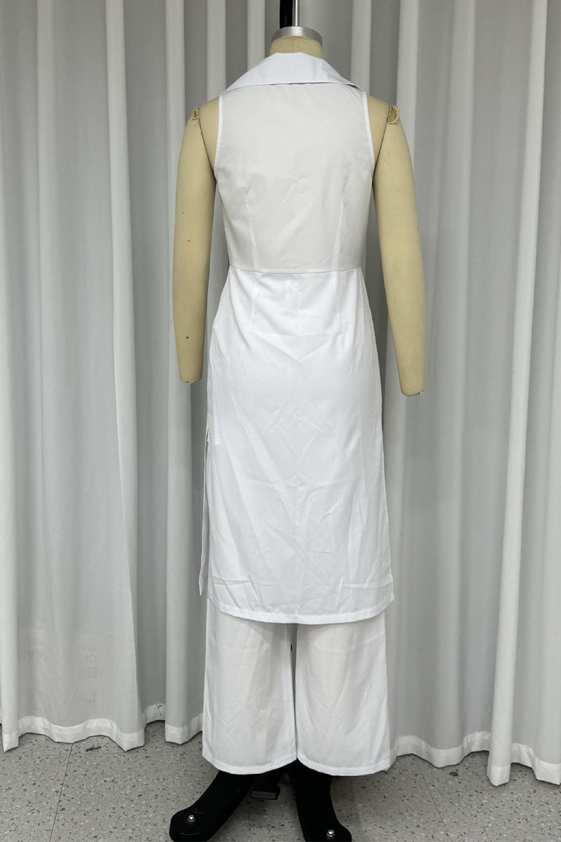 Daily Pocket Slit Turndown Collar Sleeveless Two Pieces