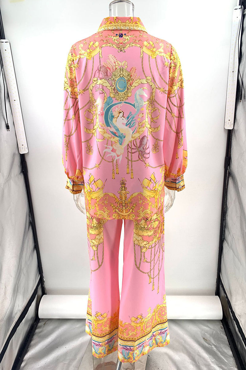 Street Geometric Print Pocket Contrast Turndown Collar Long Sleeve Two Pieces