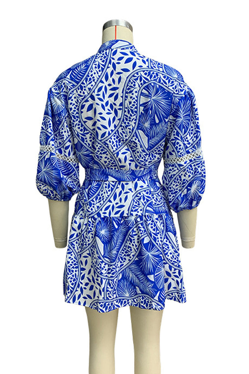 Vacation Print Lace Up Mandarin Collar Waist Skirt Dresses