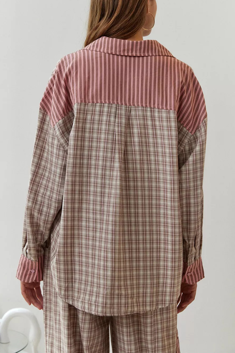Plaid Draw String Pocket Contrast Turndown Collar Long Sleeve Two Pieces