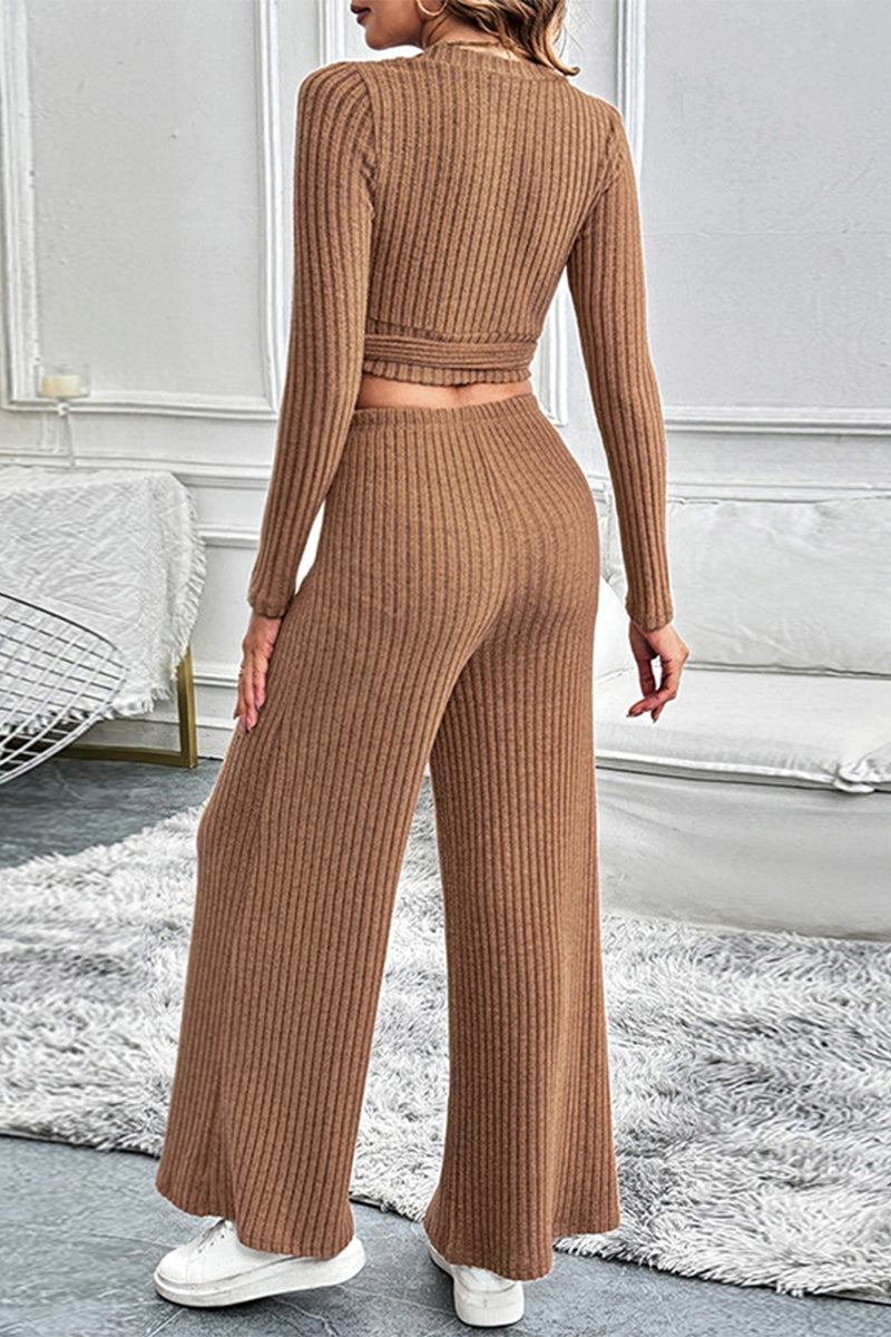 Lace Up Potholes V Neck Long Sleeve Two Pieces