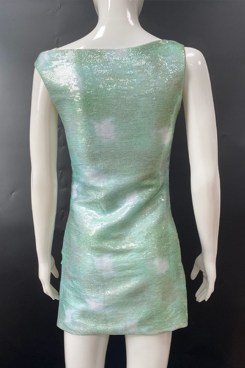 Party Gradient Sequins Contrast Sloping Shoulder Wrapped Skirt Dresses
