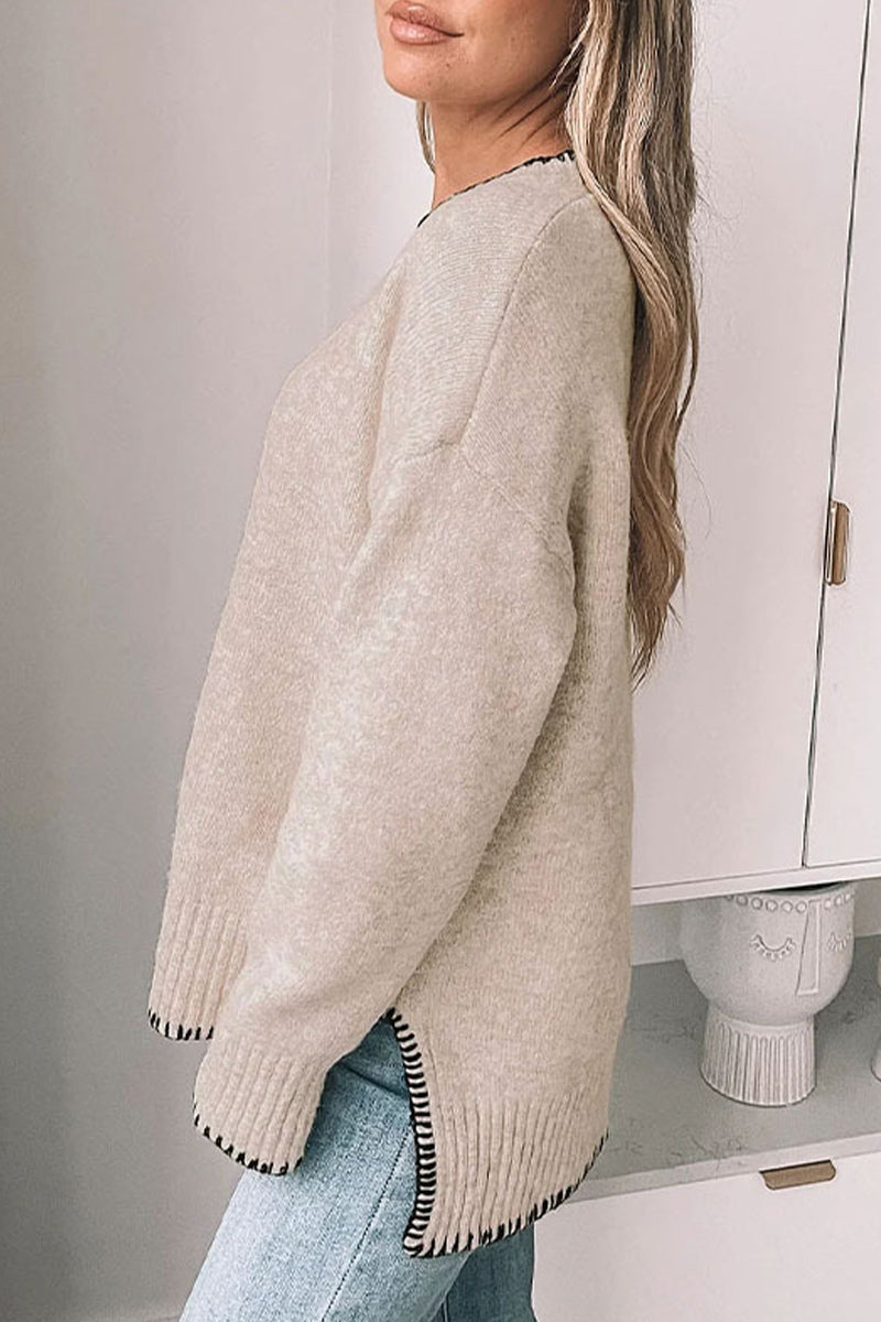 Daily Patchwork Contrast O Neck Sweaters(3 Colors)