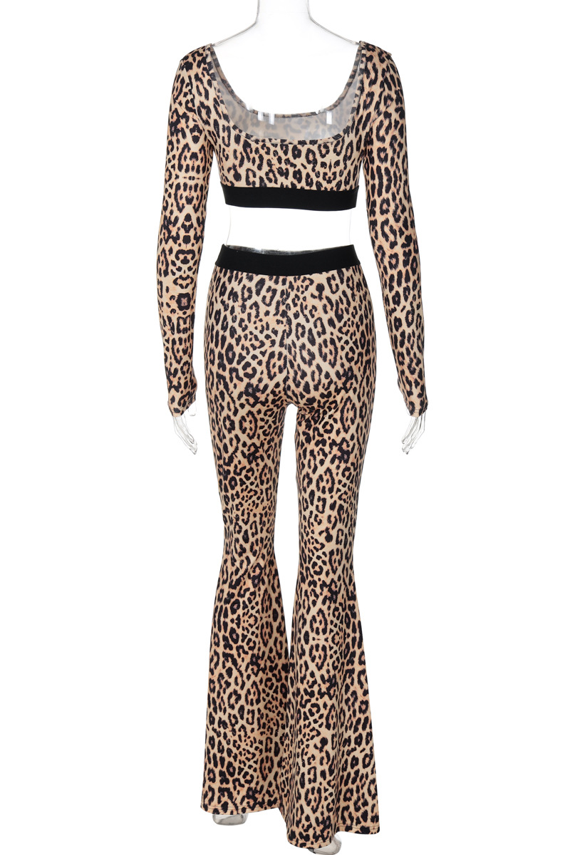 Street Leopard Patchwork U Neck Long Sleeve Two Pieces