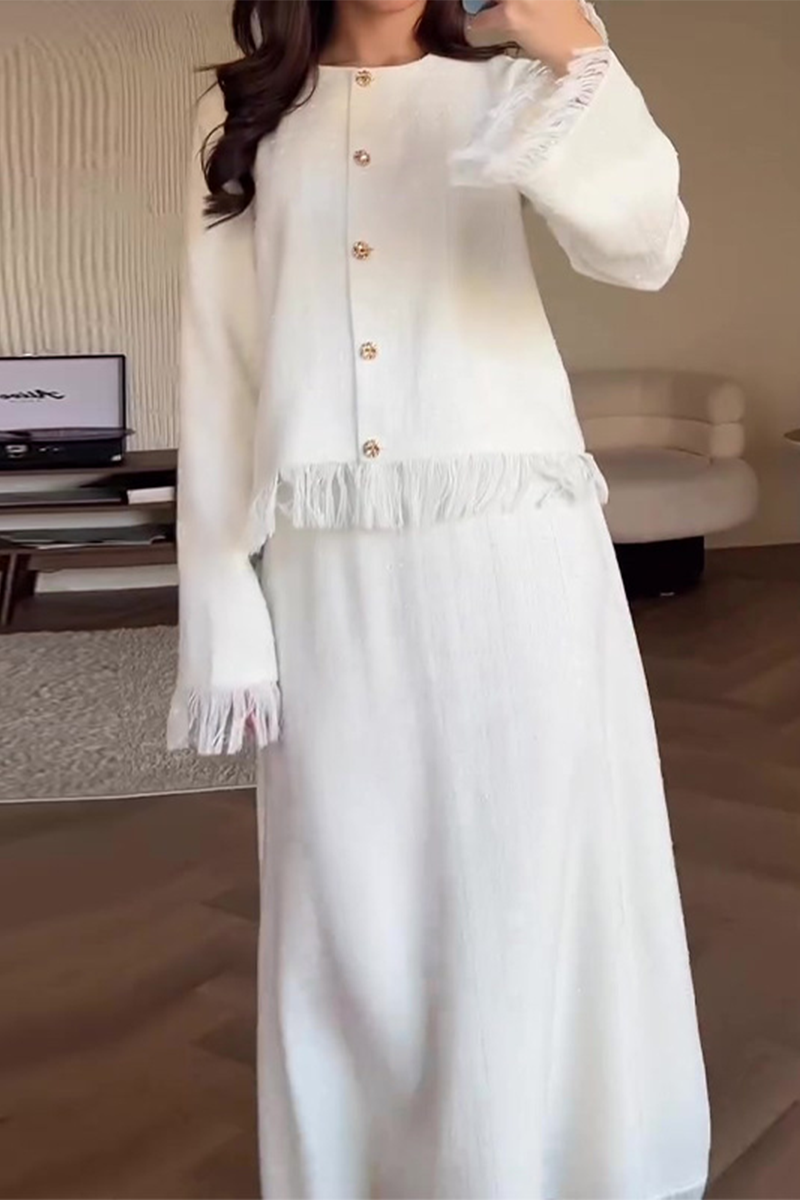 Fringed Trim Buttons O Neck Long Sleeve Two Pieces