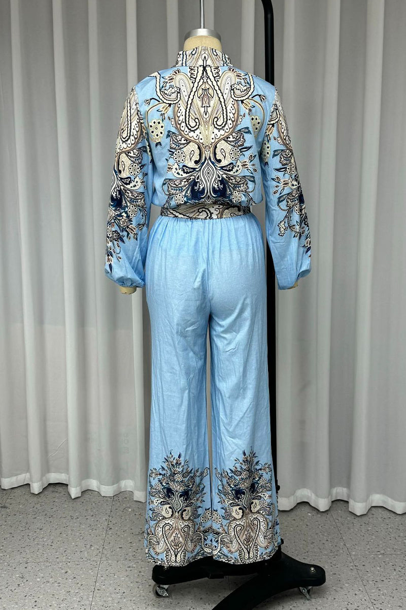 Print Lace Up Patchwork Turndown Collar Long Sleeve Two Pieces