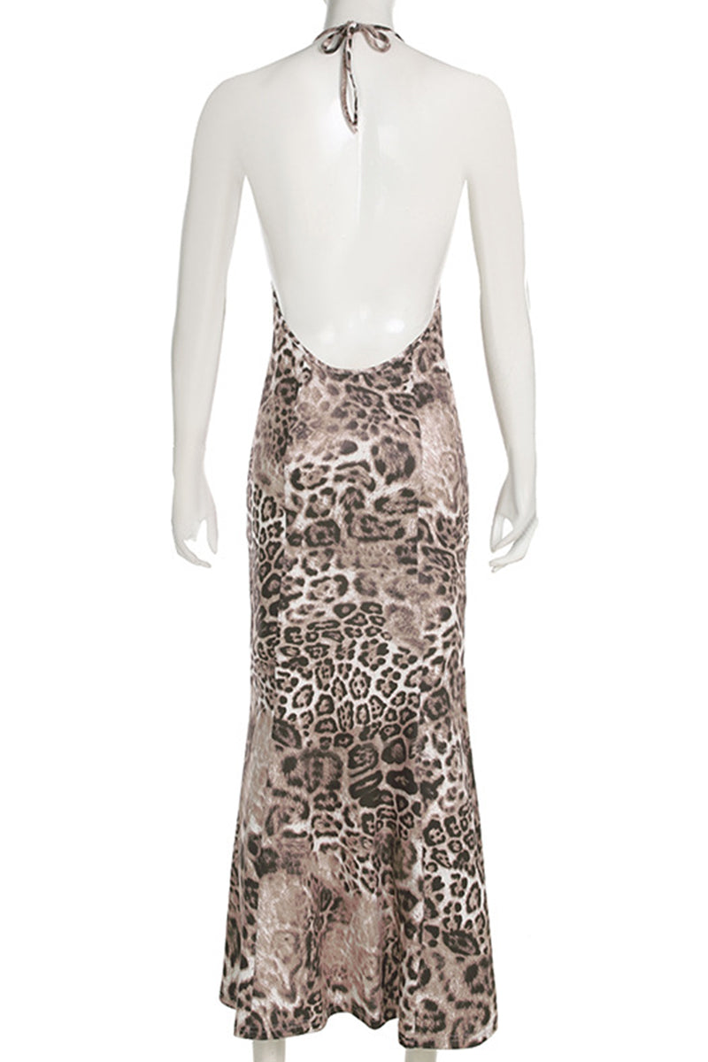 Leopard Print Patchwork Backless Strap Design Halter Long Dresses