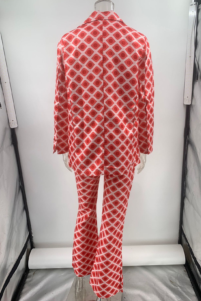 Street Geometric Print Buttons Turn-back Collar Long Sleeve Two Pieces