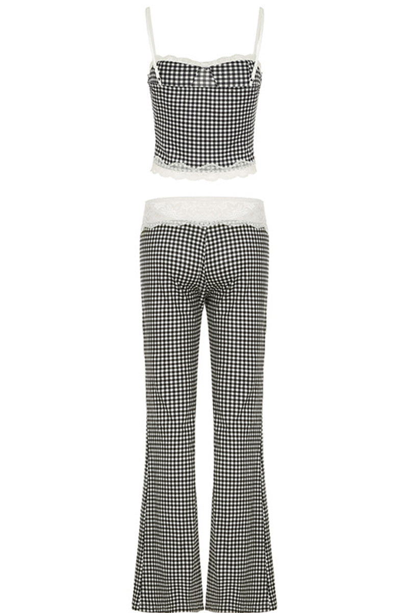 Plaid Lace Patchwork Backless Spaghetti Strap Sleeveless Two Pieces