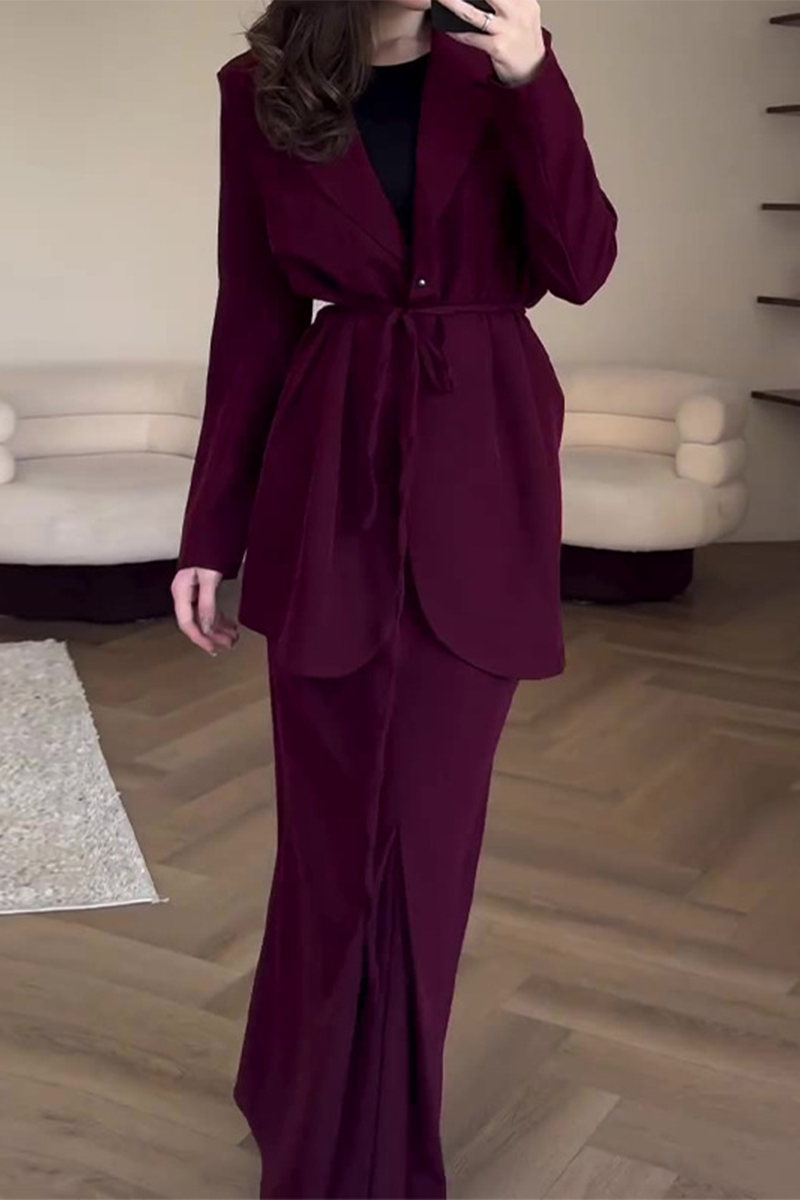 Lace Up Turn-back Collar Long Sleeve Two Pieces