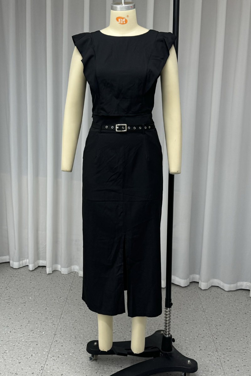 Pocket Ruffle With Belt O Neck Two Pieces