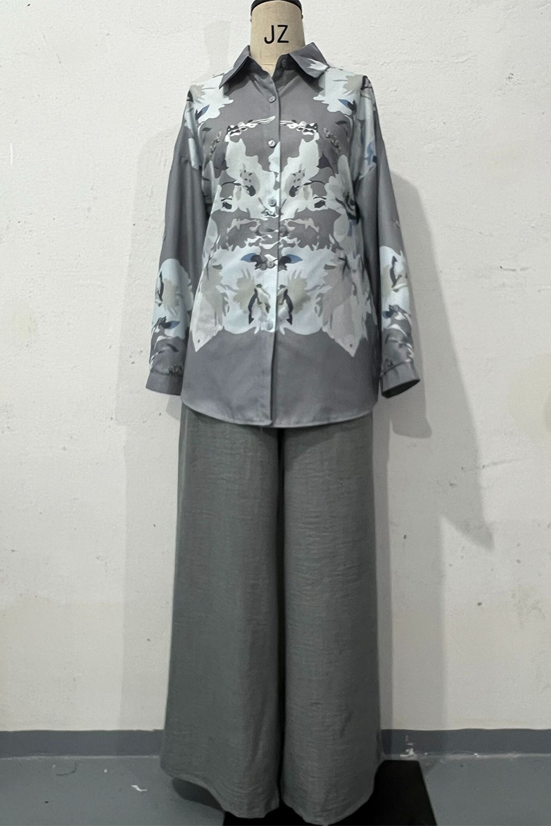 Print Buttons Turndown Collar Long Sleeve Two Pieces