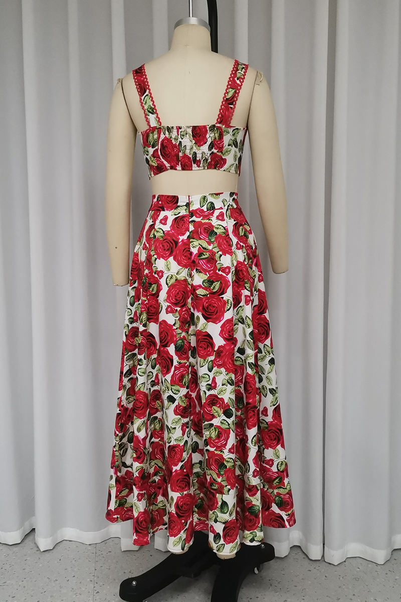 Flowers Print Pocket Contrast Square Neck Sleeveless Two Pieces