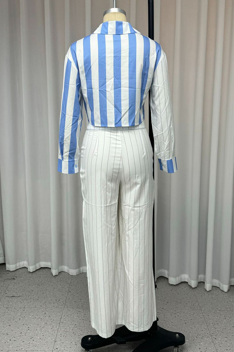 Stripe Buttons Patchwork Contrast Turndown Collar Long Sleeve Two Pieces
