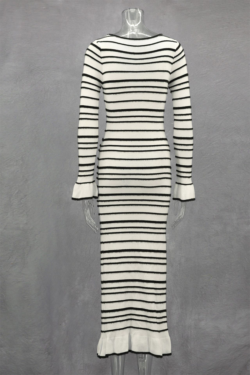 Stripe Patchwork Bow Decor Contrast O Neck One Step Skirt Dresses