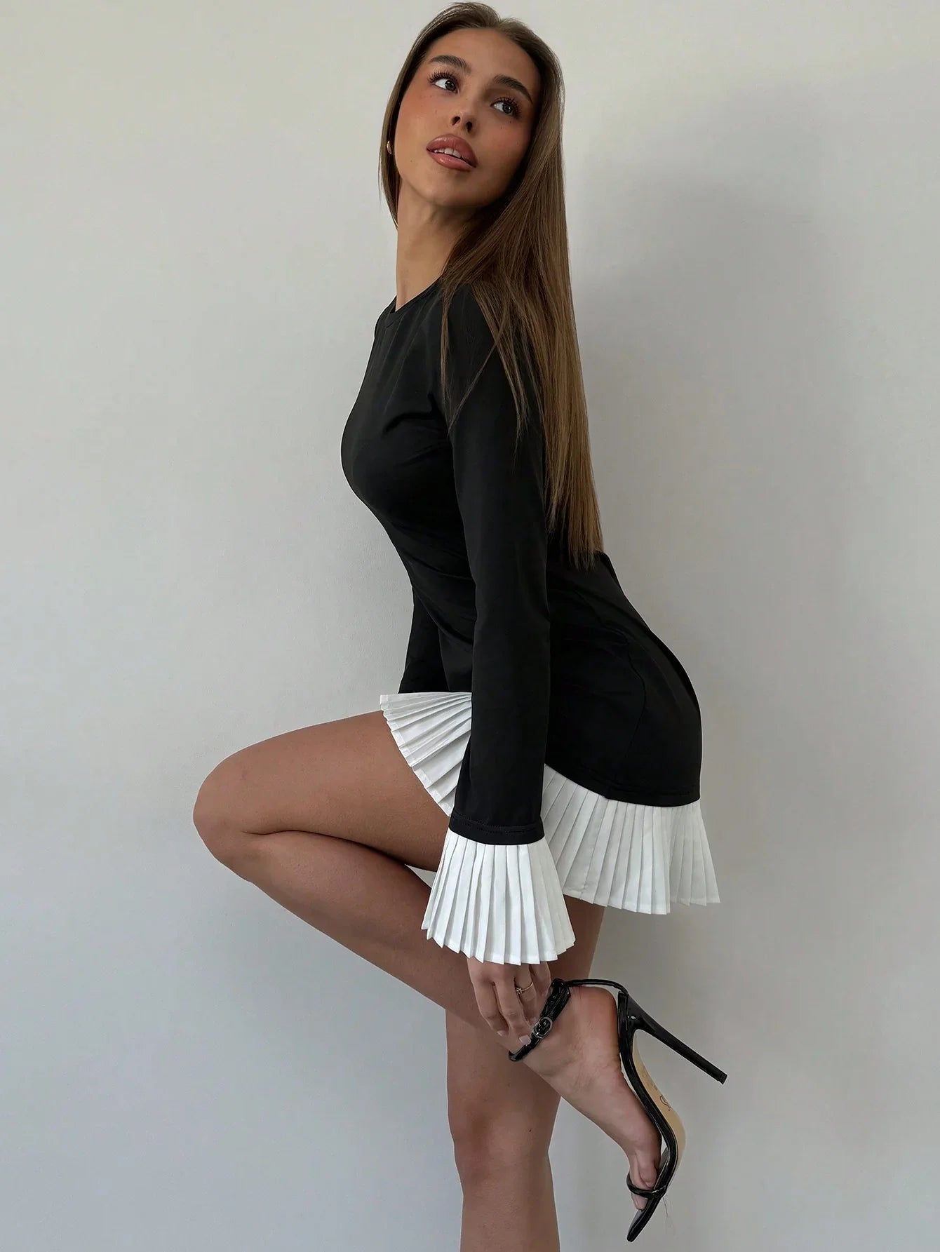 Flattering Round Neck Long Sleeve Colorblock Splice Dress