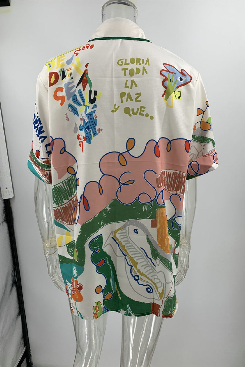 Cartoon Print Buttons Contrast Turndown Collar Blouses