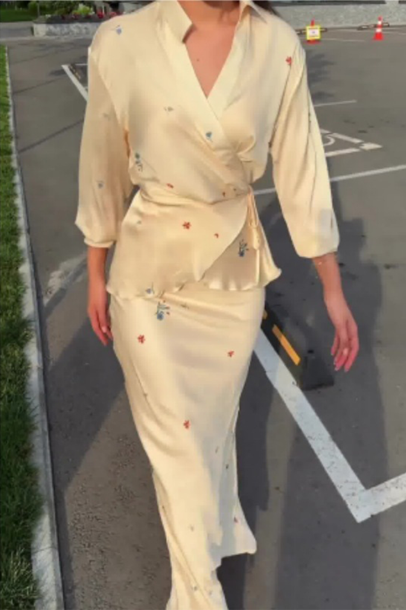 Flowers Lace Up Patchwork Turndown Collar Long Sleeve Two Pieces
