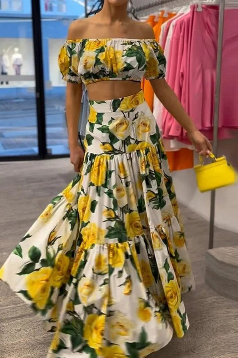 Vacation Print Contrast Off Shoulder Short Sleeve Two Pieces