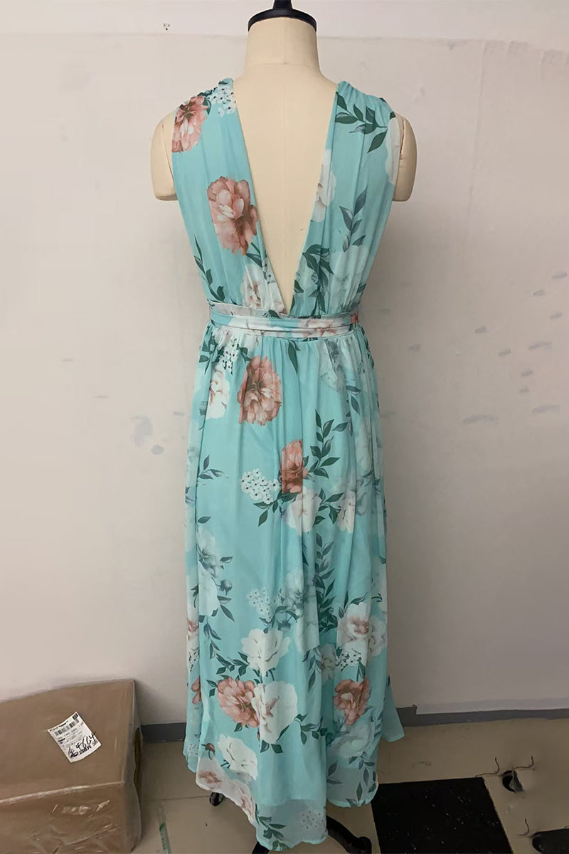 Print Lace Up V Neck Long Dresses(3 Colors)