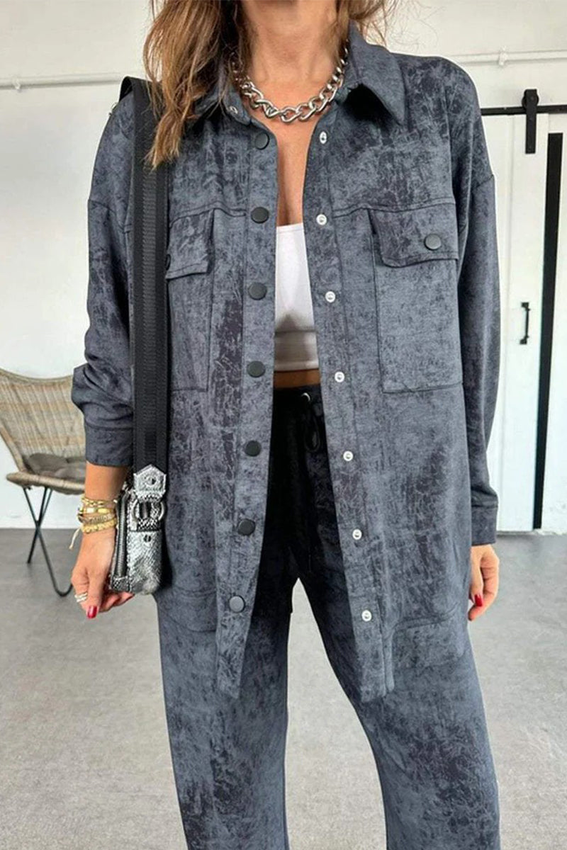 Street Tie Dye Distressed Pocket Turndown Collar Long Sleeve Two Pieces
