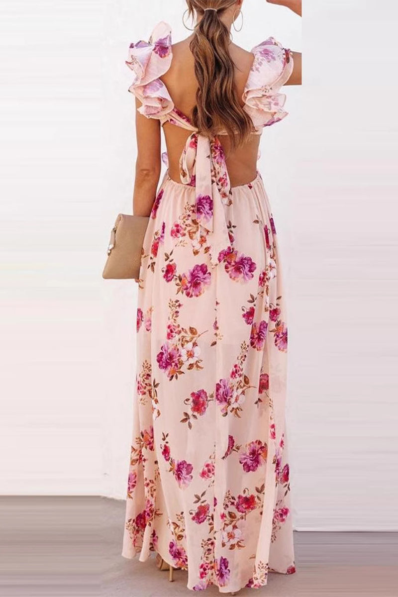 Vacation Print Lace Up Chains Ruffle V Neck Long Dresses