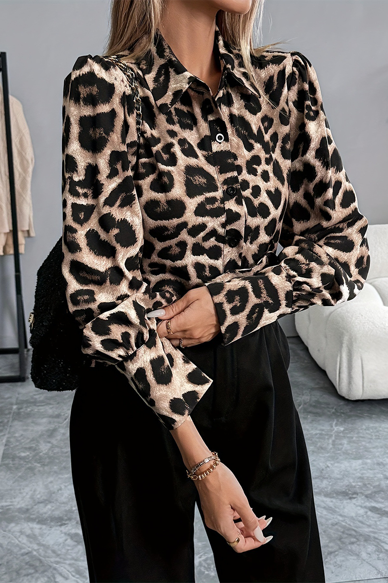 Leopard Patchwork Turndown Collar Blouses
