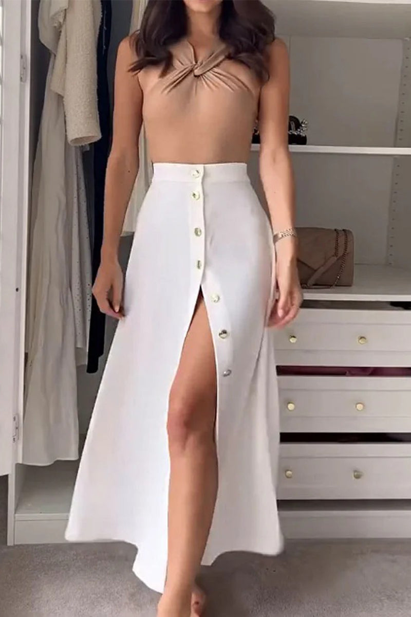 Color Buckle Halter Sleeveless Two Pieces