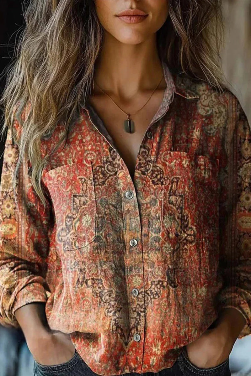 Print Contrast Turndown Collar Blouses(6 Colors)