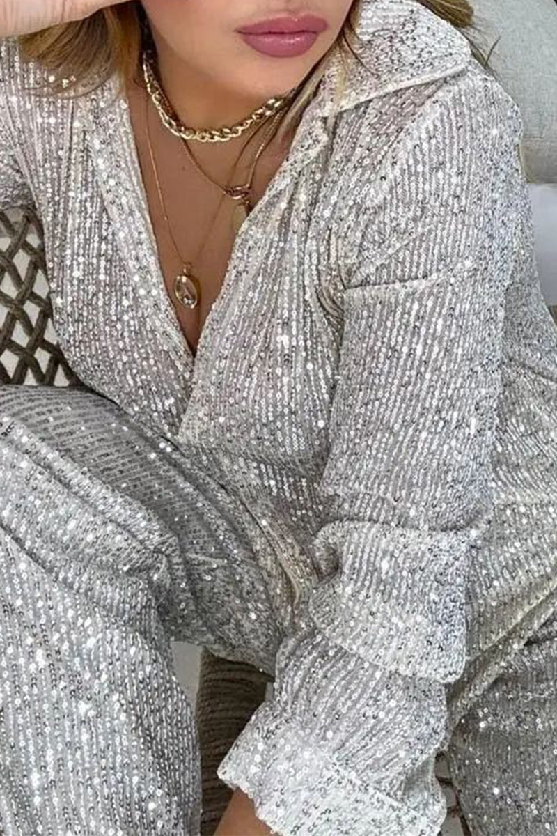 Sequins Sequined Turndown Collar Long Sleeve Two Pieces