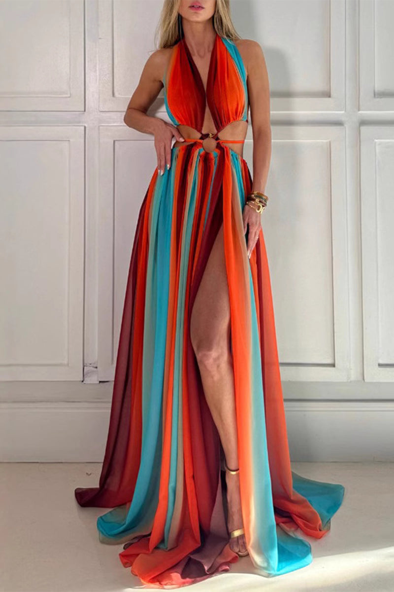 Stripe Patchwork Backless Contrast Halter Long Dresses