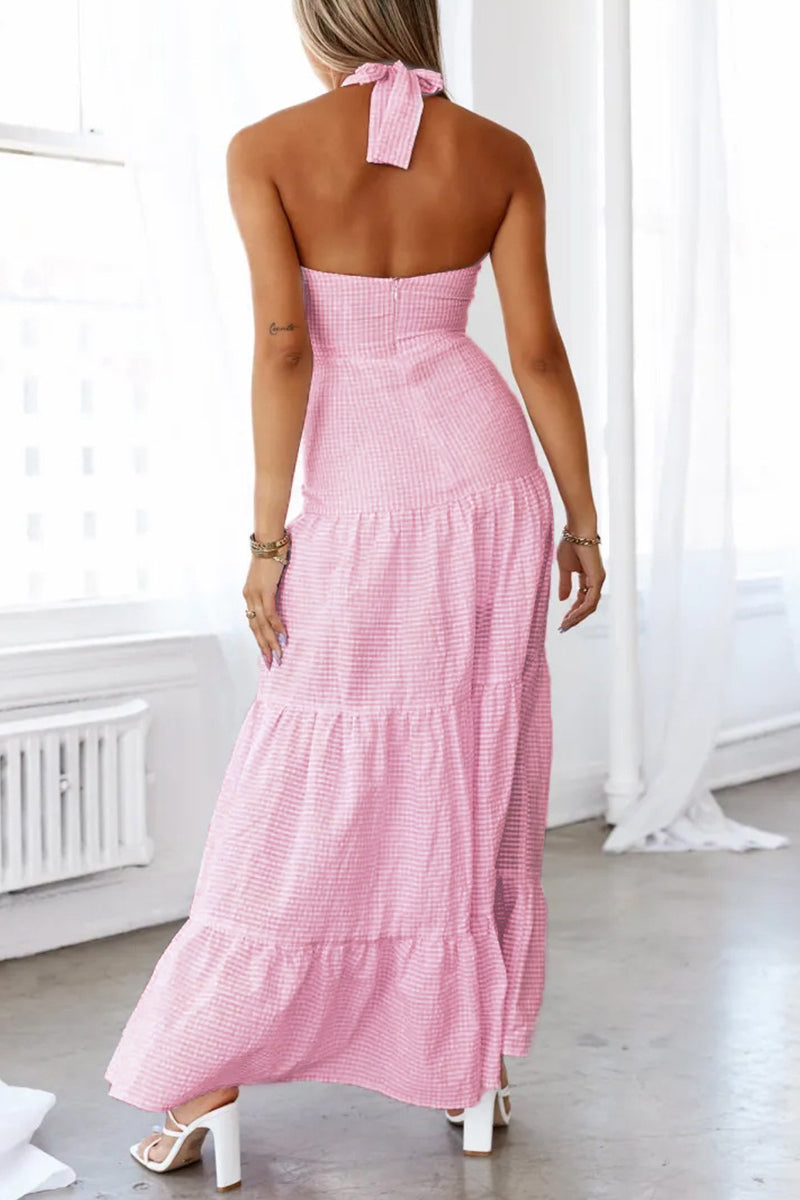 Jacquard Lace Up Halter Long Dresses