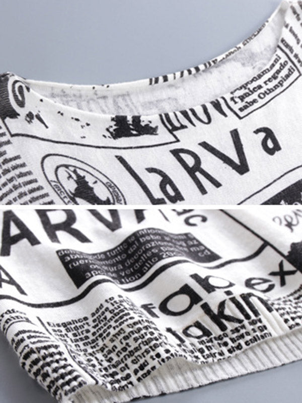 Loose One-shoulder Newspaper Printed Split-joint Sweater