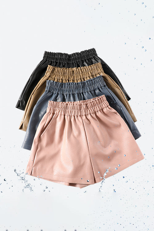 Elastic Waist Pocketed Faux Leather Shorts