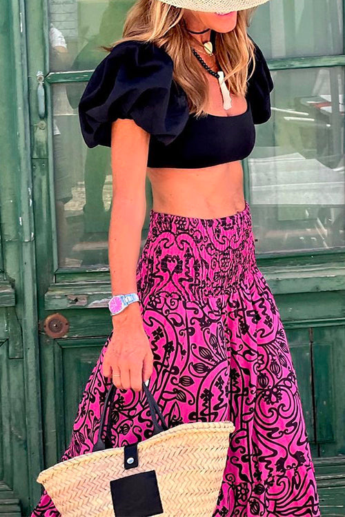 Smocked Waist Printed Maxi Ruffle Swing Skirt