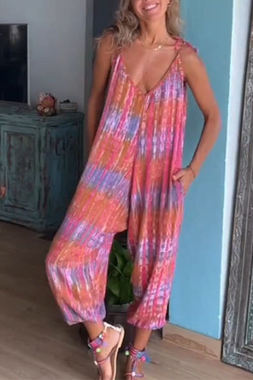 V Neck Tie Shoulder Pockets Tie Dye Cami Jumpsuit