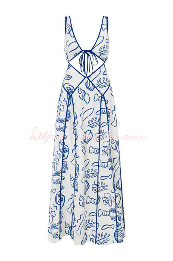Love the Coastline Linen Blend Unique Print Cutout Tie-up Backless Maxi Dress