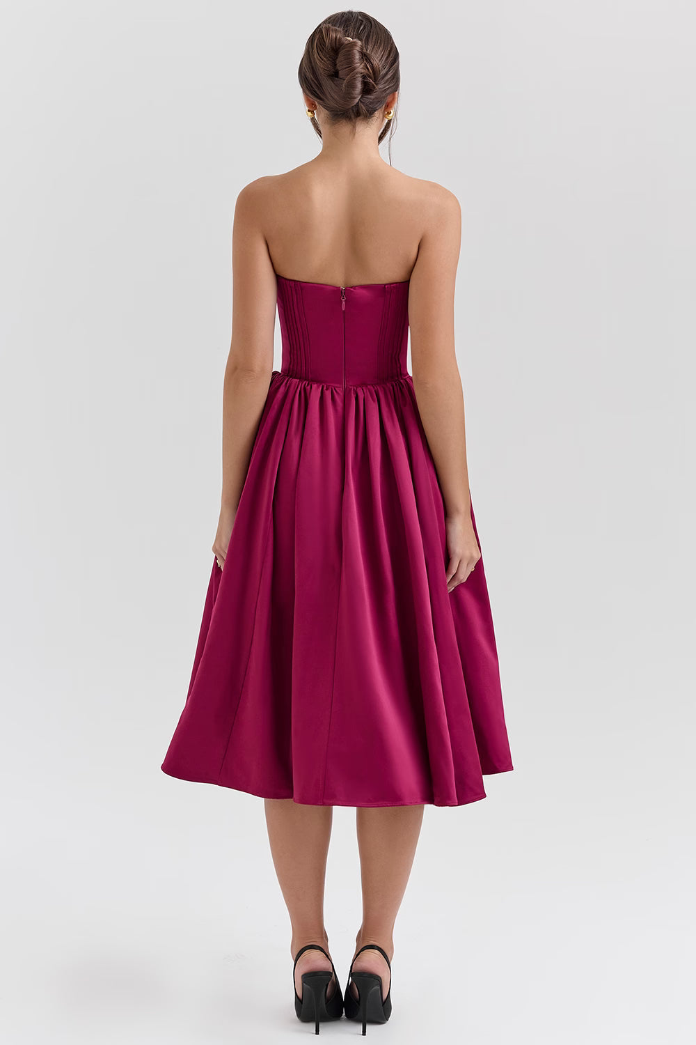 Burgundy Satin Tulle Midi Dress -