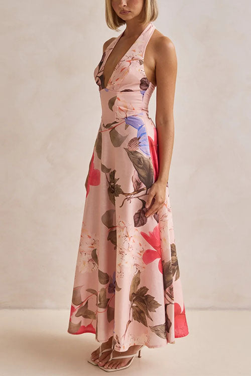 Halter V Neck Lace-up Waisted Print Maxi Dress