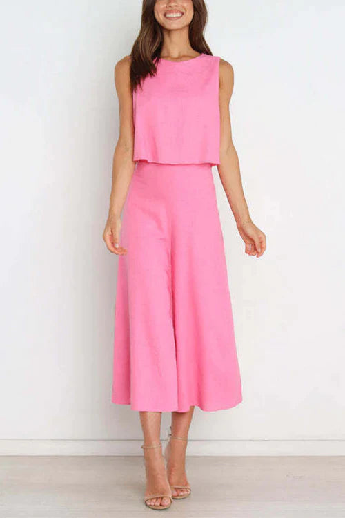 Crewneck Sleeveless Top and Wide Leg Pants Set