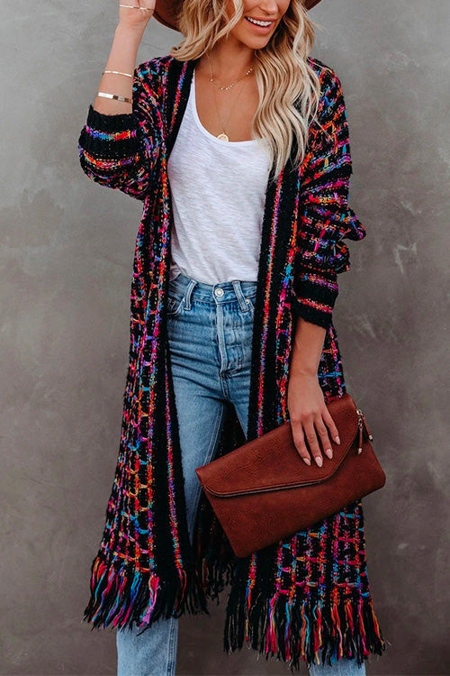 Tassel Open Front Multi-colored Print Knit Cardigans