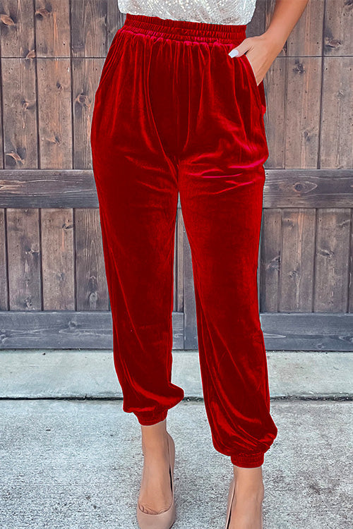Moxidress Elastic Waist Velvet Joggers Pants With Pockets