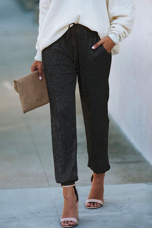 Moxidress Tie Waist Sequin Joggers Pants With Pockets