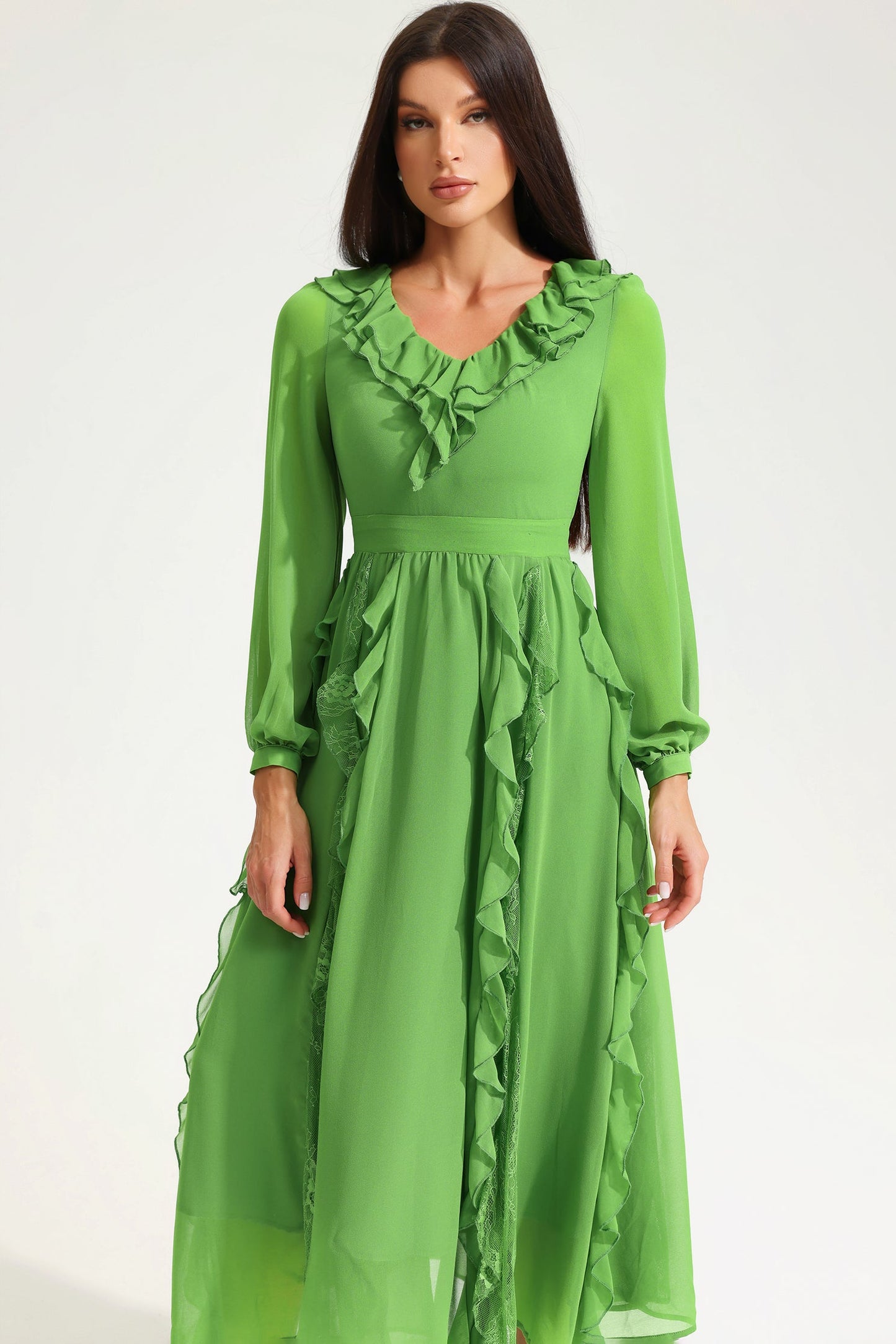 Long Sleeve V-neck Ruffle Midi Dress Green