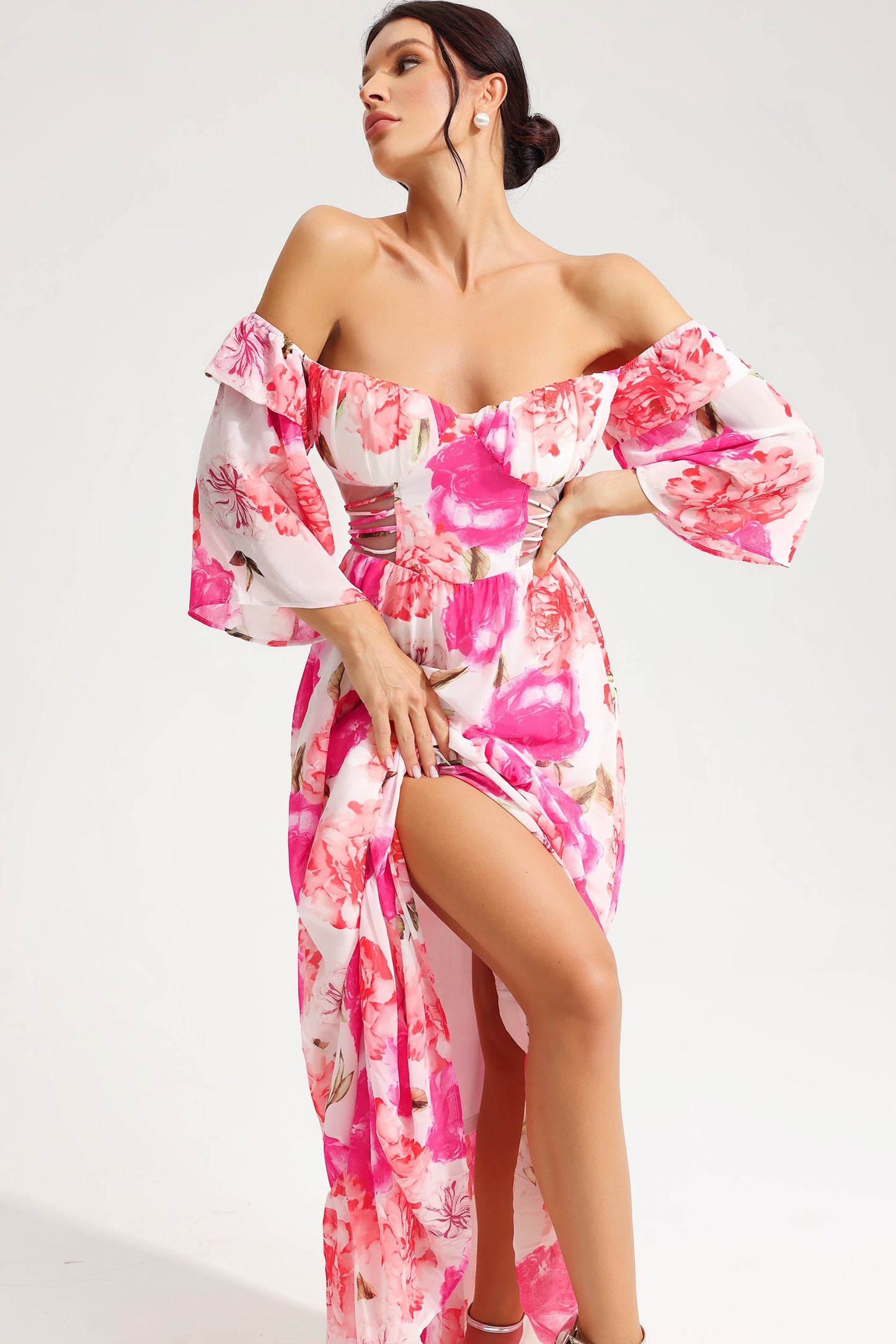 Off-shoulder Cut-out Lace Up Maxi Dress