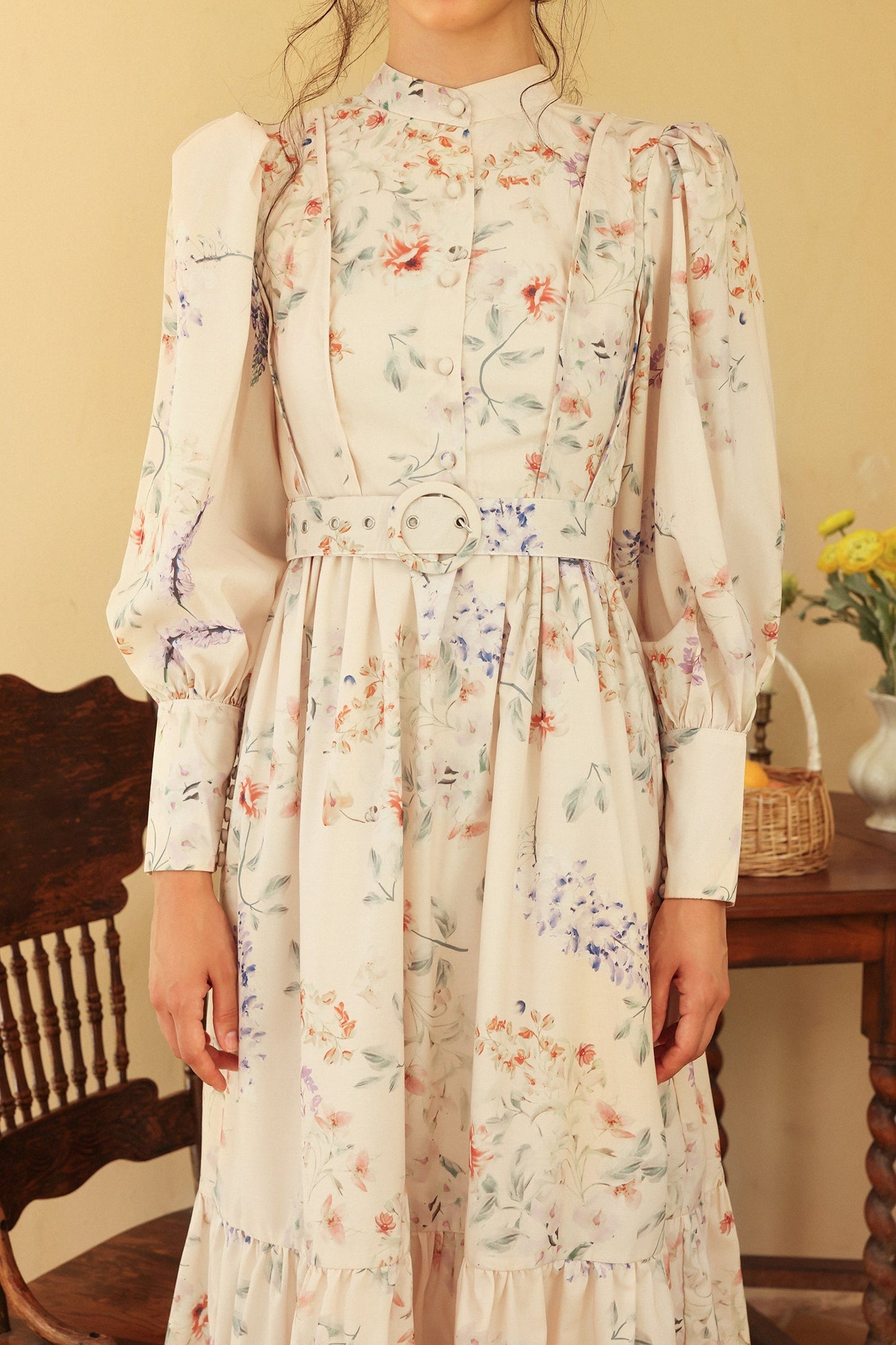 Long Sleeve Crew Collar Belted Midi Dress