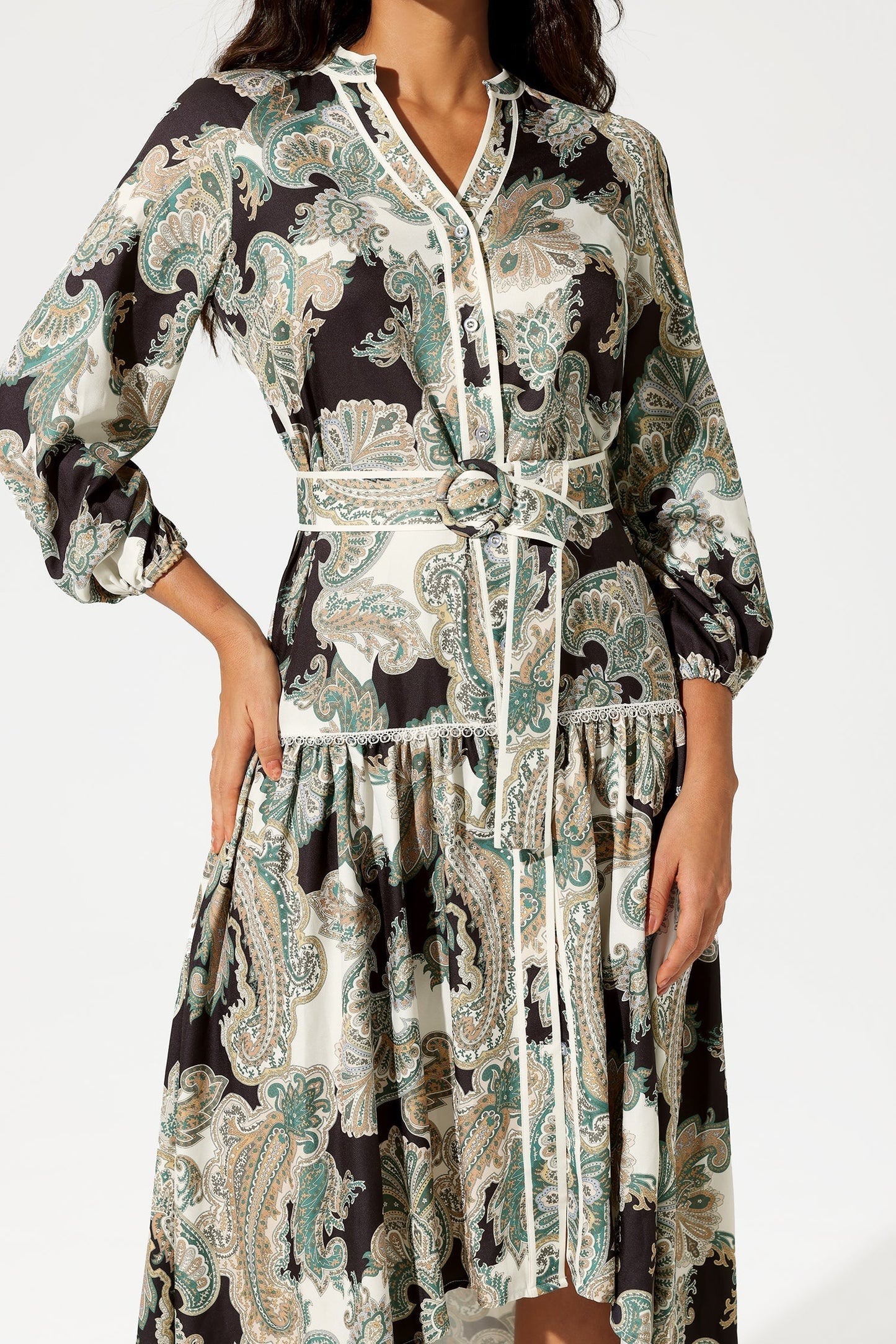 Paisley Print Lantern Sleeve V-neck Belted Midi Dress