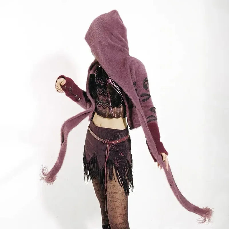 Gothic Skull Embroidery Punk Style Grunge Aesthetics Cropped Hooded Knitted Cardigan