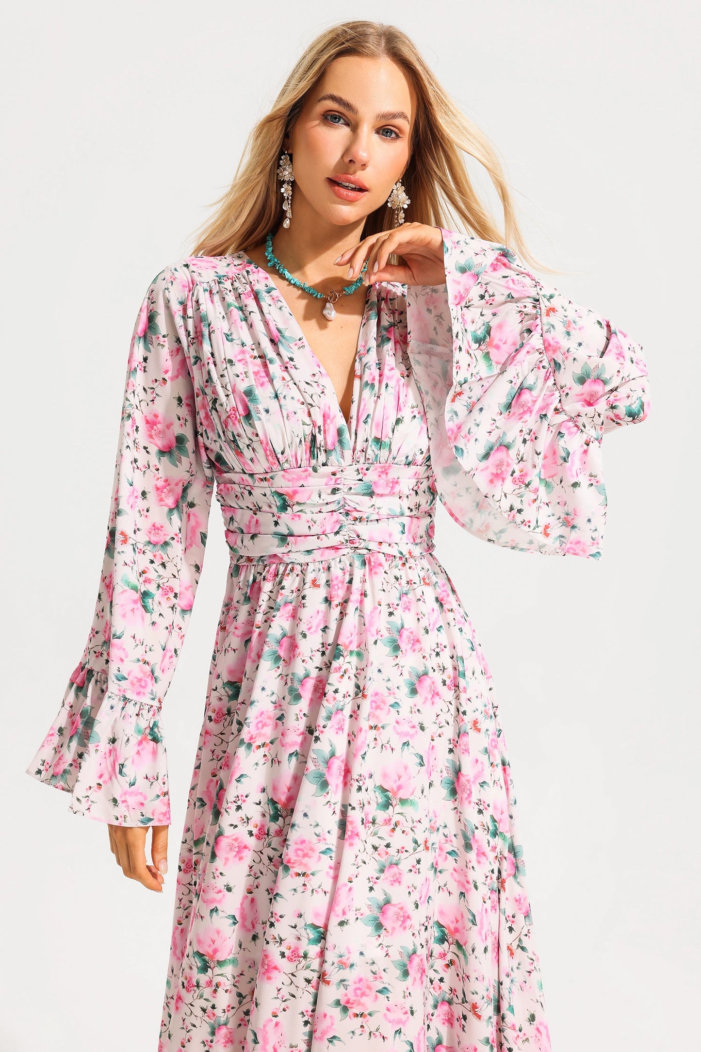 V-neck Ball Sleeve Midi Dress