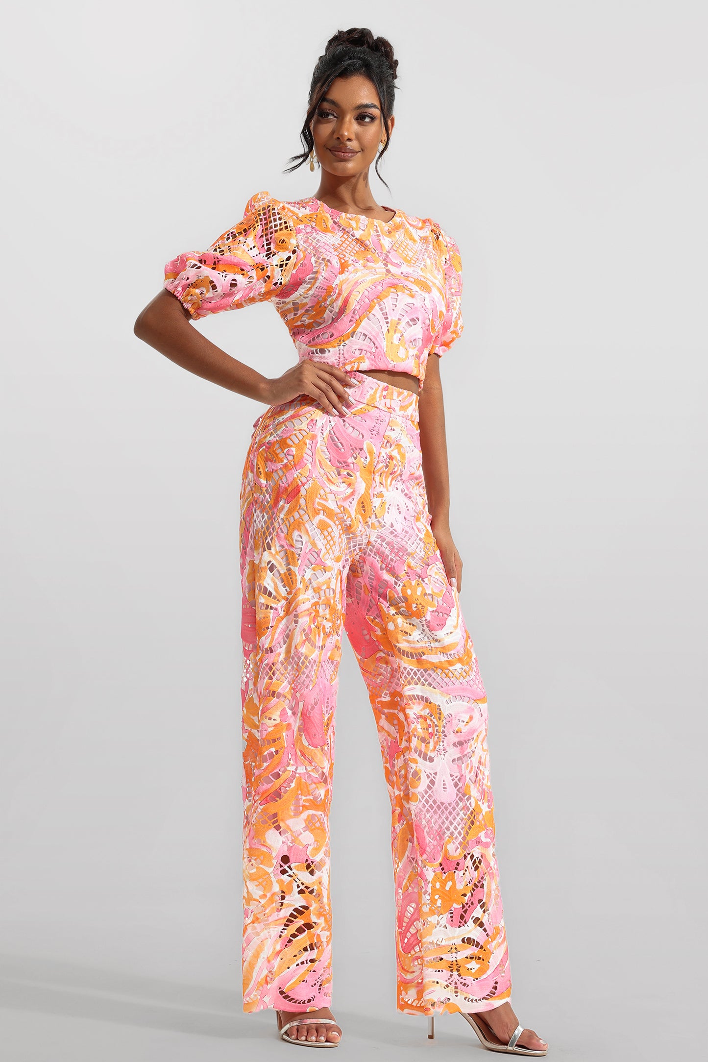 Lace Round Neck Mid Sleeve Top & Hight Waist Pants